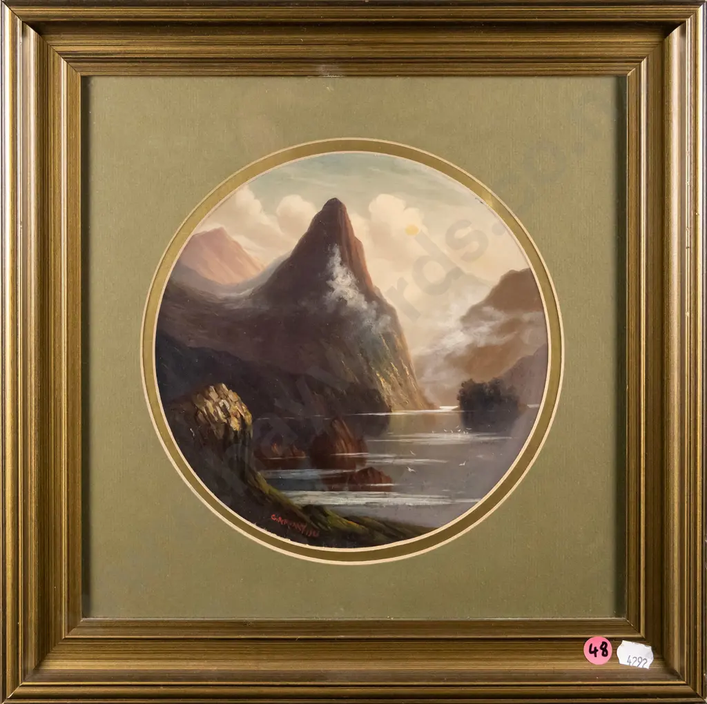 framed concave oil - lake and mountain scene Diam-190 Image 1++