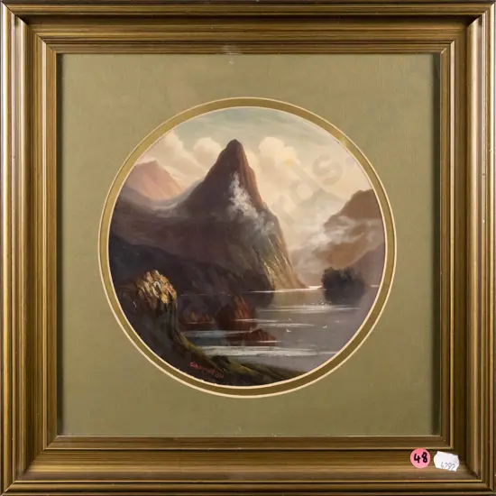 framed concave oil - lake and mountain scene Diam-190
