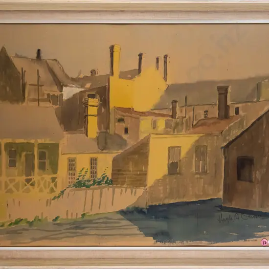 illegible signature - framed watercolour - houses H-460 W-620