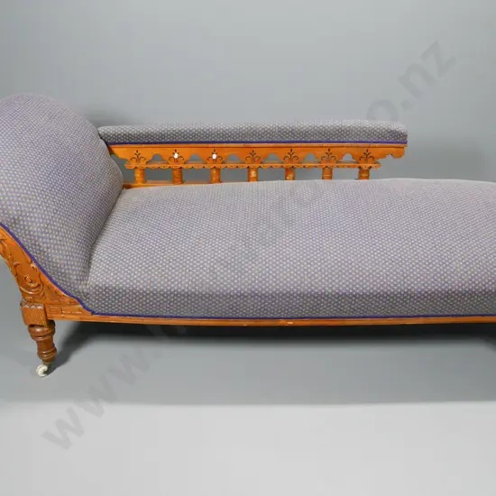 vintage oak chaise longue with ornately carved facing, on porcelain casters H740 L2070 D650