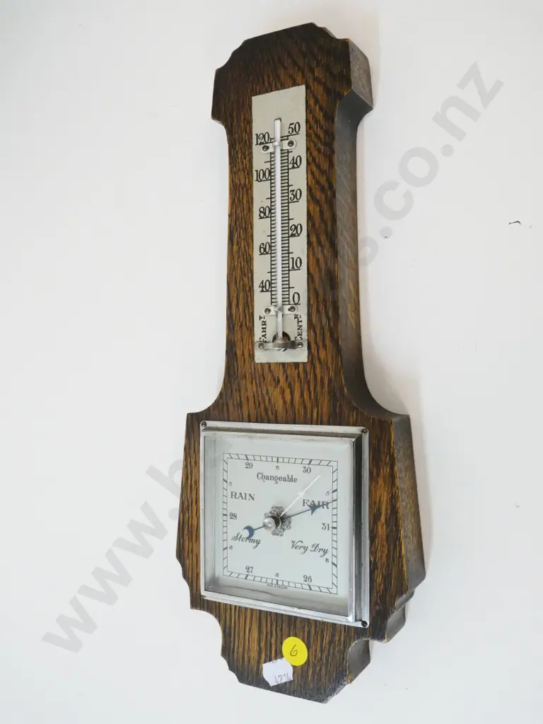 oak wall barometer-thermometer H-340 W-130 - inner edge of dial bent in one place Image 1++