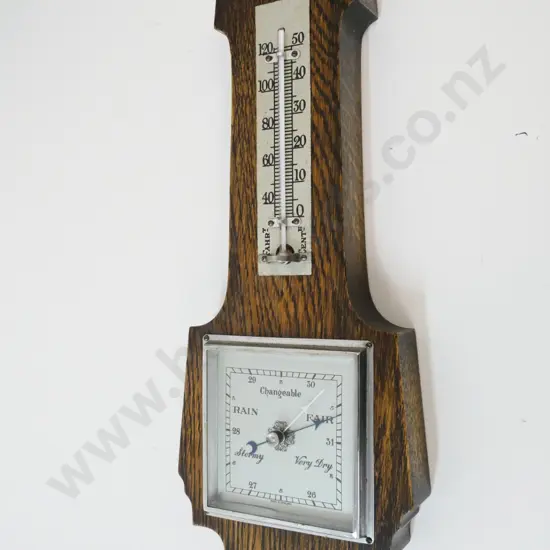 oak wall barometer-thermometer H-340 W-130 - inner edge of dial bent in one place