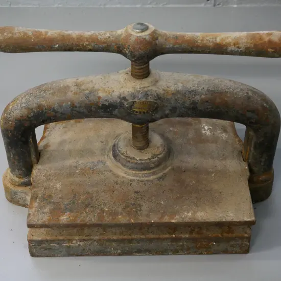 vintage cast iron book press - stamped John Davidson - Leith - has general surface corrosion H-280 W-400 D-250