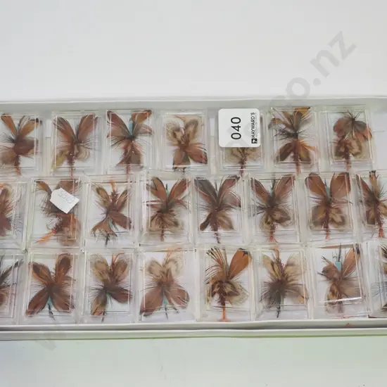 tray of various fly fishing flies