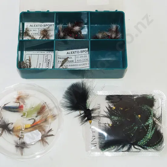 1x packet and 2x containers of fly fishing flies