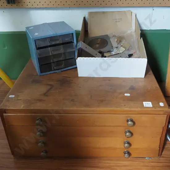 engraving machine with accessories, board with discs, drawers with type etc