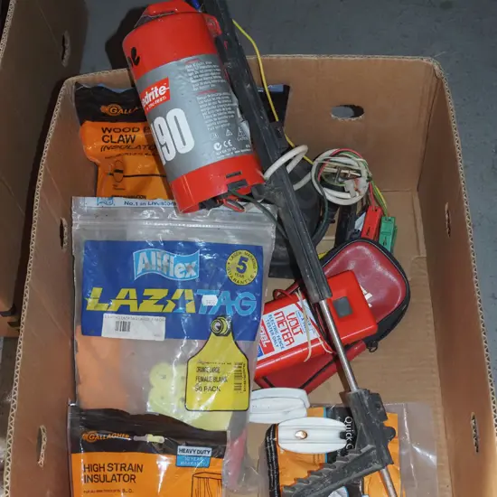 box; Speedrite electric fence power supply, voltmeter etc
