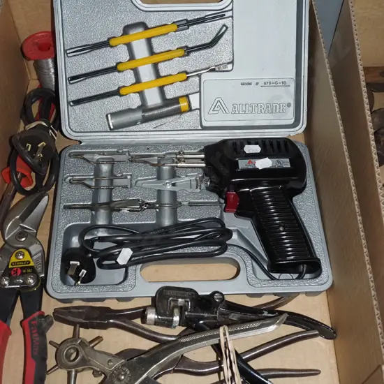 box; soldering irons, pliers etc