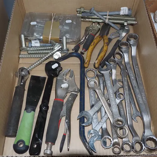 box; ring spanners, vice grips, small wrecking bar etc