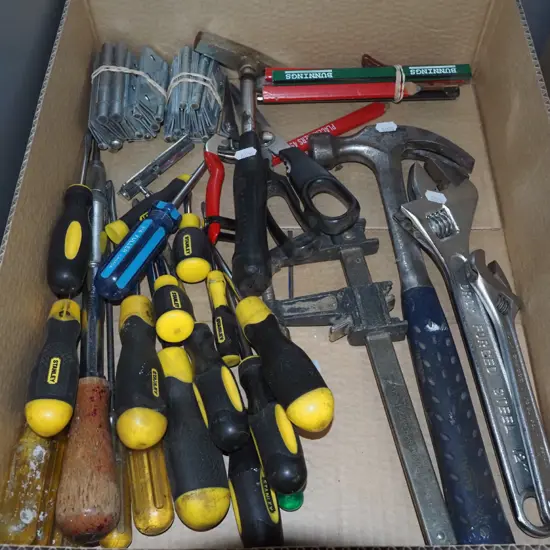 box; screwdrivers, hammer, adjustable crescents etc
