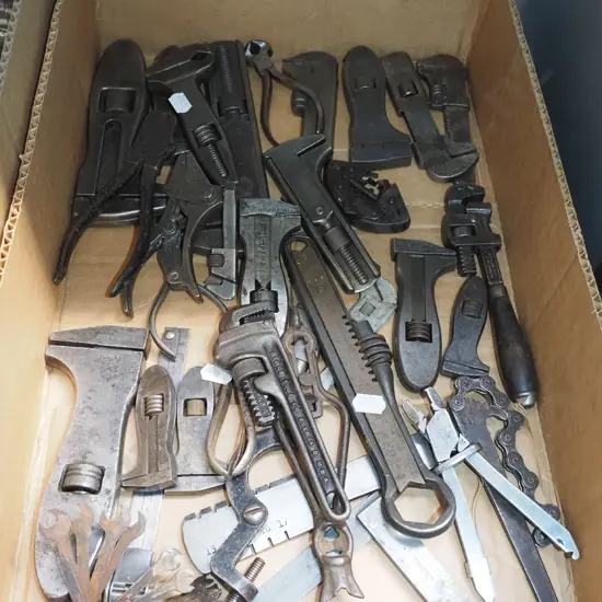 box; various vintage wrenches etc