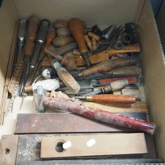 box; builder's levels, spoke shaves, screwdrivers etc