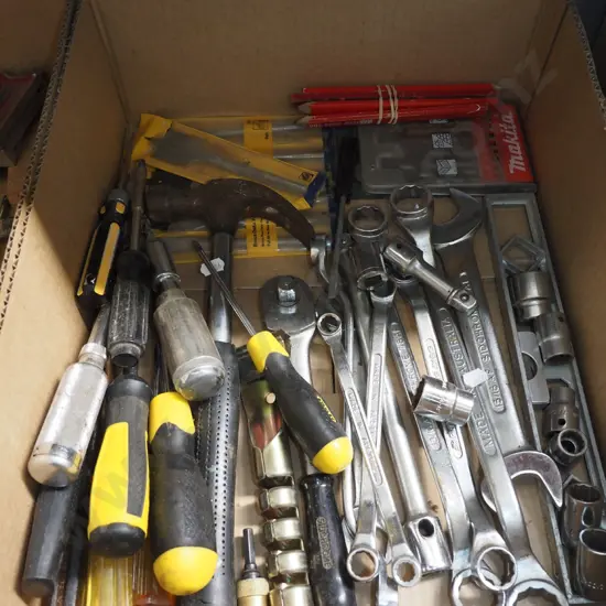 box; hammers, open end ring spanners, drill bit etc