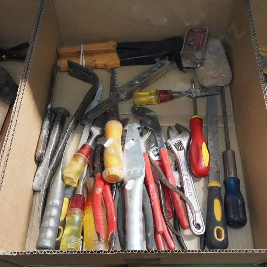 box; chisels, pliers, plumber's grips etc