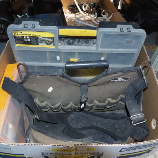 box; plastic organiser, tool bag