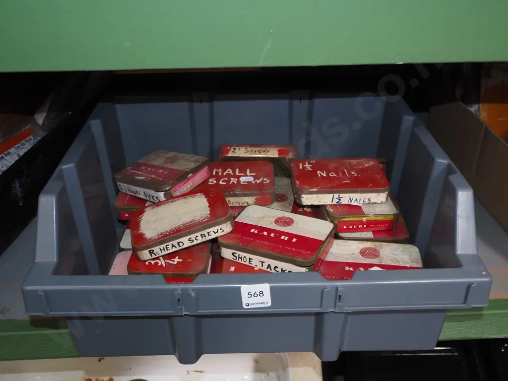 box; tobacco tins of screws, hooks, nails etc Image 1++