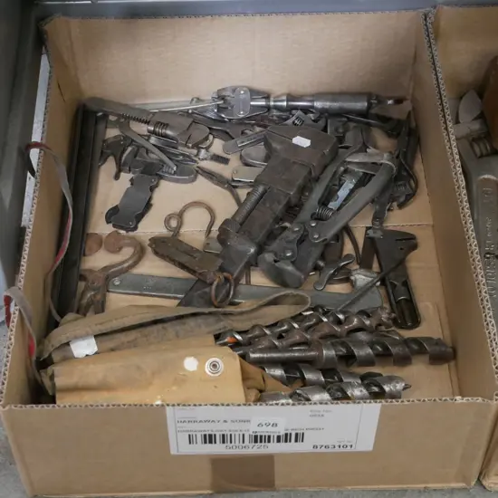 box; vintage wrenches, auger bits etc