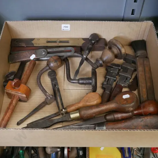 box of vintage tools; wrenches, screwdrivers etc