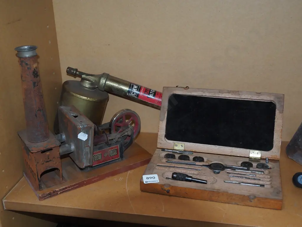 small wood cased tap and tie set, brass garden sprayer, tin steam engine Image 1++