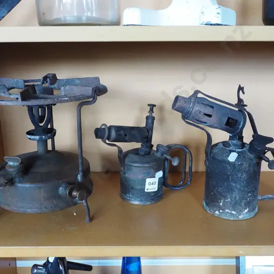 vintage Radius camp stove, 2x gas blow torches