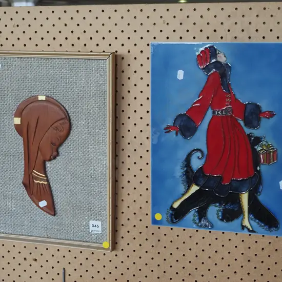 ceramic picture tile, carved wooden religious artwork - yellow dots