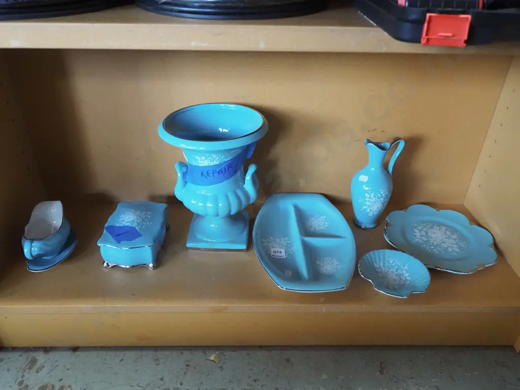 assorted Royal Winton floral teal items, large vase, trinket box - have repairs Vase H330 Image 1++