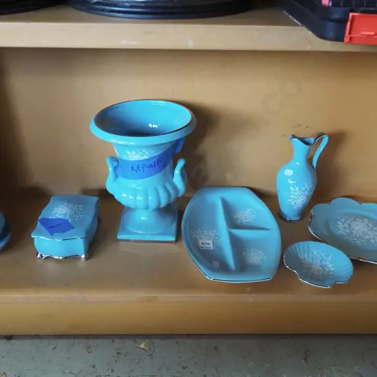assorted Royal Winton floral teal items, large vase, trinket box - have repairs Vase H330