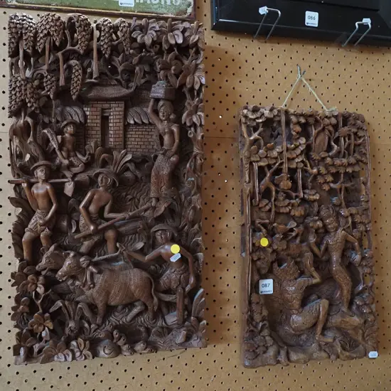 2x intricately carved Asian wooden panels Largest H510 W290