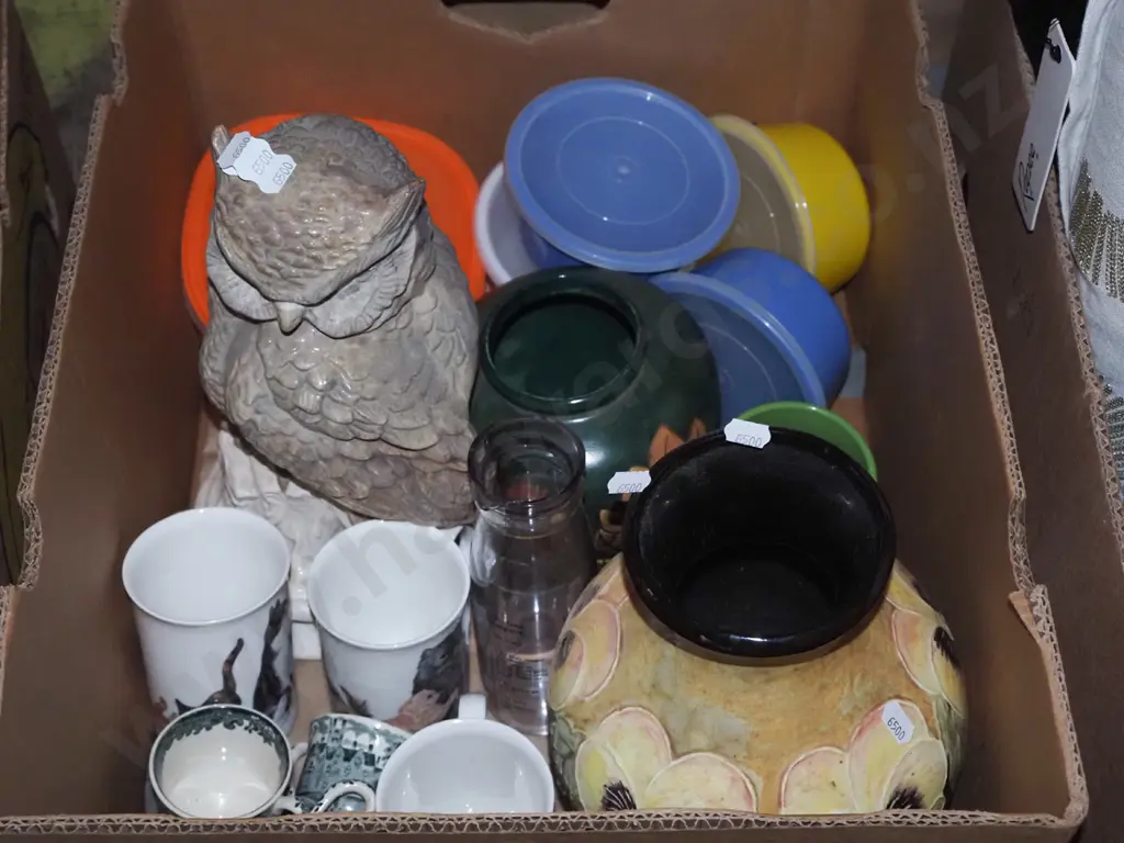 box; owl figurine, coffee cups, canisters, vase etc Image 1++