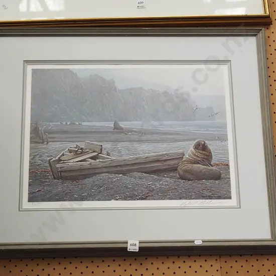 framed ltd edition print - sea lions on beach - no glass
