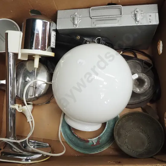 box; white globe light fitting, chamber stick etc