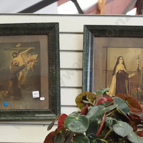 2x framed religious prints - blue dots