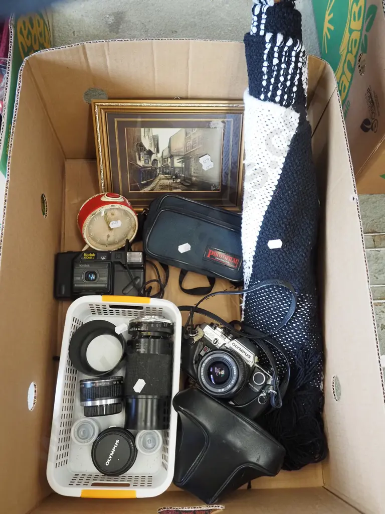 box; Olympus 35mm camera, lenses, alarm clock etc Image 1++