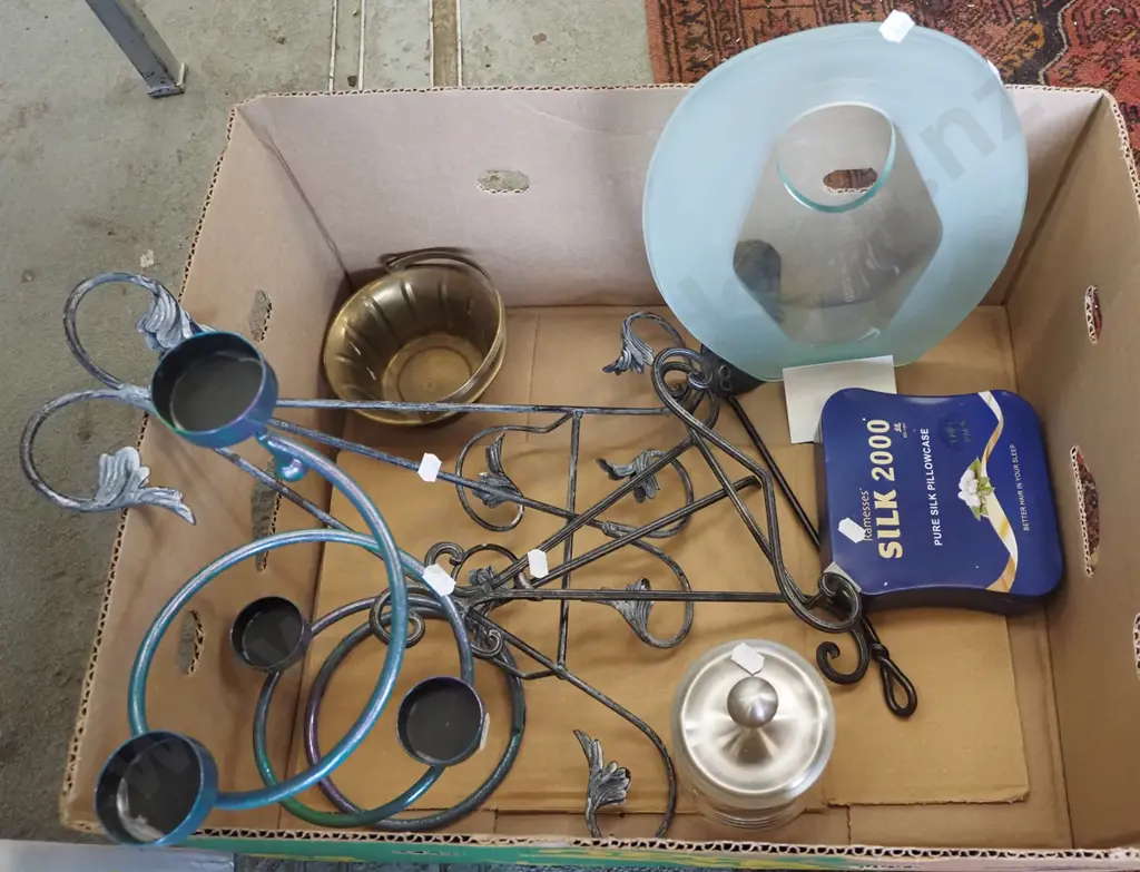box; plate stands, candelabra, glass vase etc Image 1++