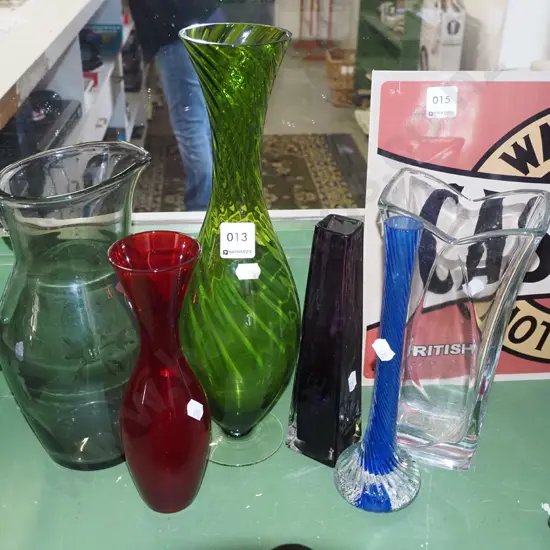 coloured glass vases, clear glass vase, water jug Tallest H330