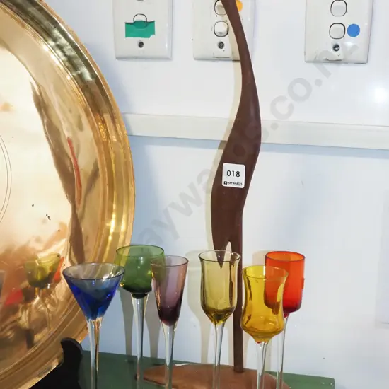 coloured stemmed sherry glasses, wooden bird figurine H500
