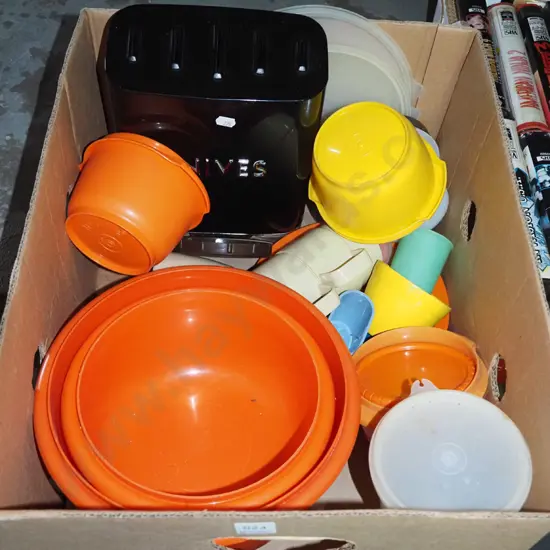 box; knife block - no knives, plastic cups, retro tupperware
