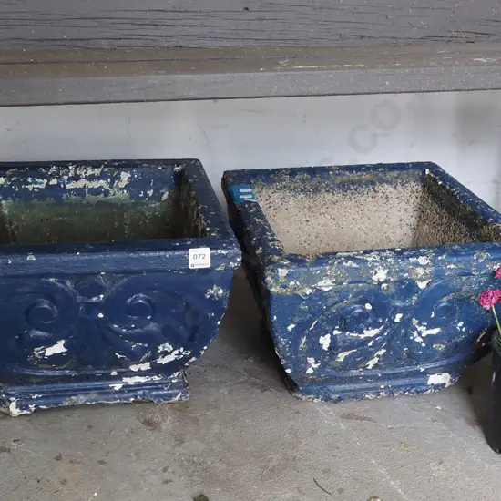 2x blue painted concrete garden planters H250