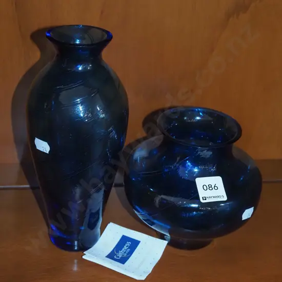 2x blue glass Caithness vases Tallest H220