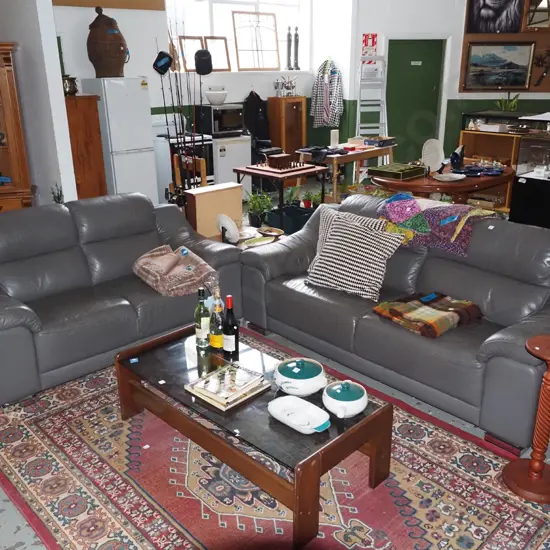 pair of contemporary grey leather settees - 2 seater and 3 seater