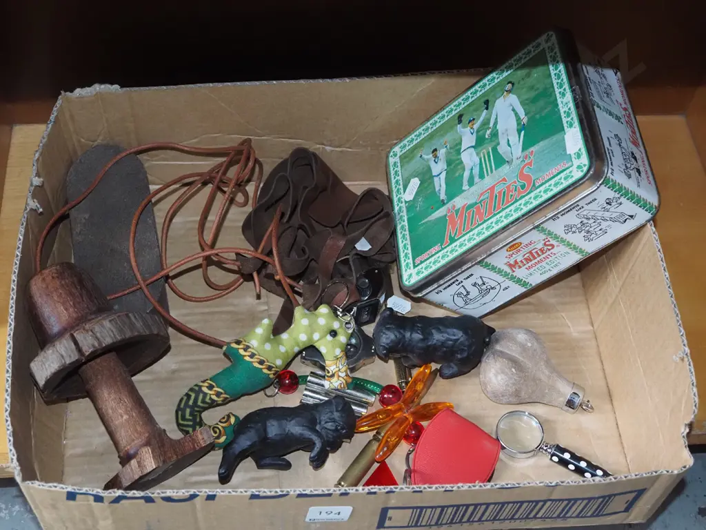 box; figurines, leather basket for hanging jardinere, minties tin etc Image 1++