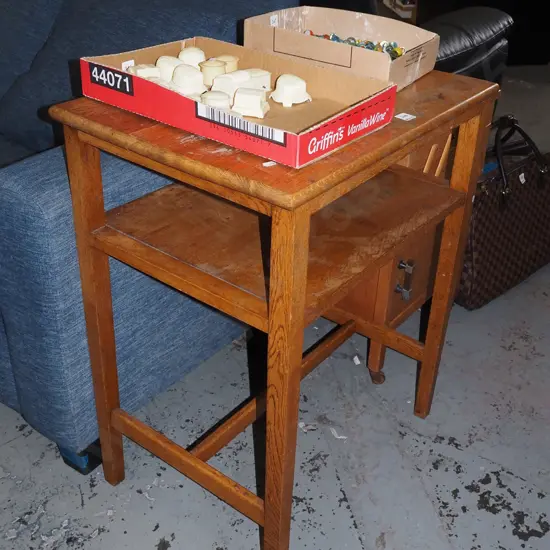 solid oak 2 tier table with some damage to varnish H770 W610 D435