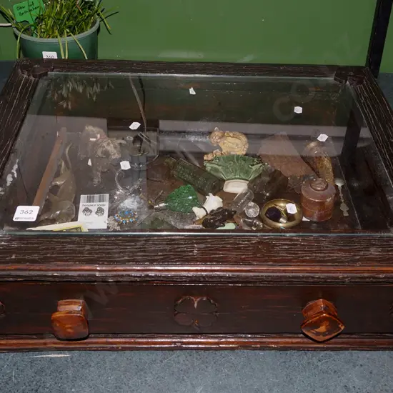glass top display drawer and contents; ink bottles, figurines etc H150  W470 D590
