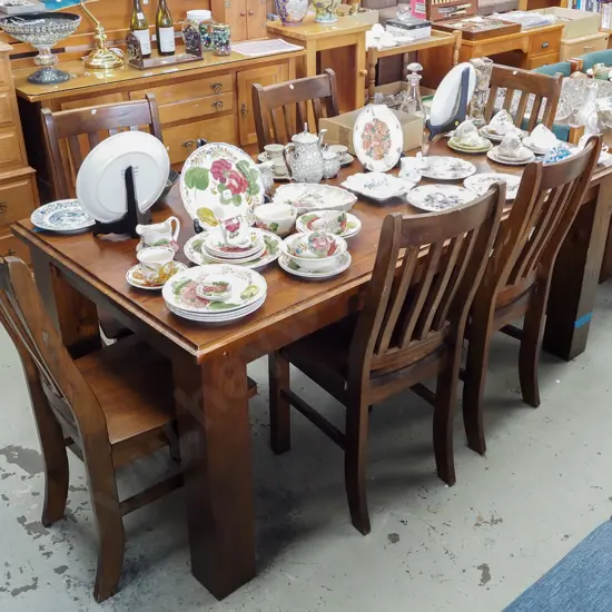 dark stained pine dining table with 6 chairs H785 W1810 D900