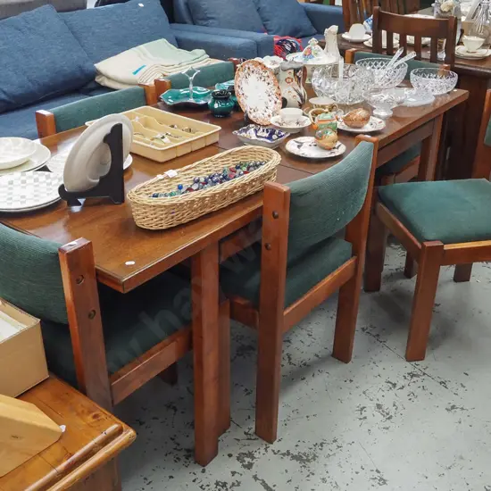 mahogany and veneer extending dining table with 6 green upholstered chairs H730 W1790 D810