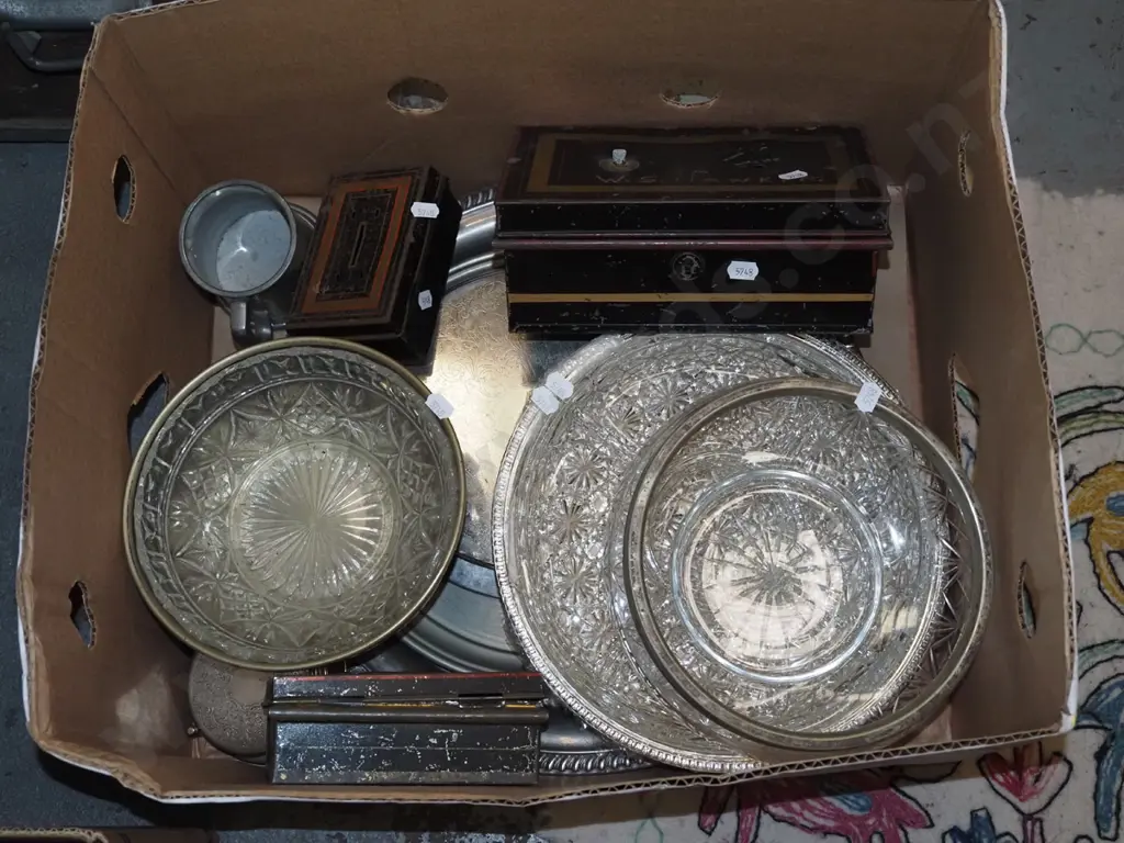 box; plated ware, glass bowl, cash boxes etc Image 1++