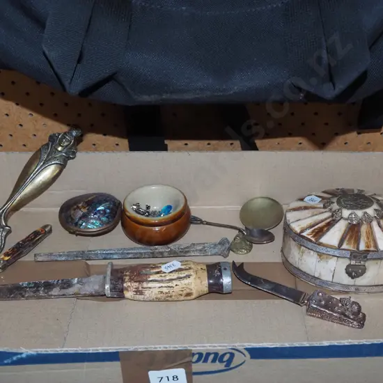 box; trinket box, brass bottle opener, pocket knife etc