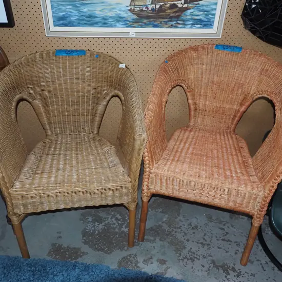 2x woven cane armchairs - 1 has