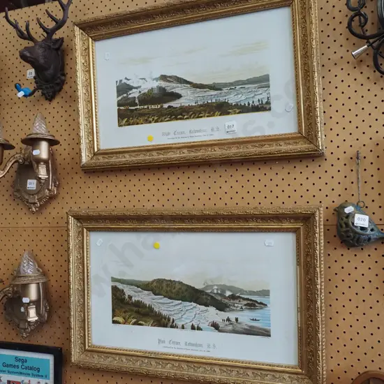 gilt framed pink and white terracotta prints - yellow dots - some damage