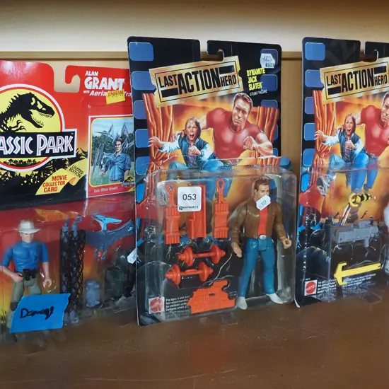 2x Last Action Hero carded figurines, 1x Jurassic Park figurine - damage to box